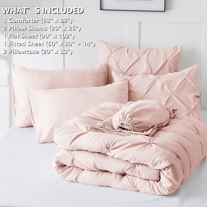 HIMEET Queen Comforter Set Peach Pink - 7 Pieces Pintuck Bed in a Bag | OEKO-TEX Certified, 240GSM Down Alternative Comforter, 14" Deep Pocket Fitted Sheet + Flat Sheet + 2 Pillowcases + 2 Shams