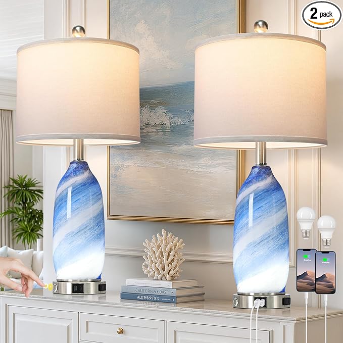 Rinweey 26" Grey-Blue Glass Table Lamps Set of 2,Coastal Lamps Nautical lamp with USB A+C Ports & AC Outlet,Bedside Lamps with 3-Way Dimmable-Night Light for Bedroom Living Room,Grey-Blue