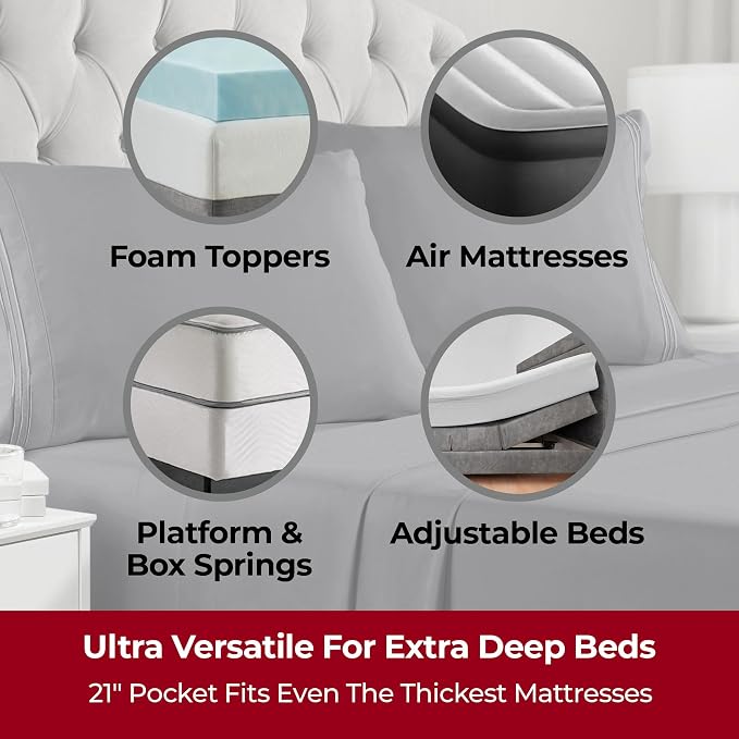 Mellanni Iconic 4-Piece, Ultra Soft Sheet Set (California King, Gray) | 10M+ Sleepers. Lab-tested: Sleeps Cool, Stays Bright, Strong, Smooth. Good Housekeeping Best Bedding, 7 yrs running.