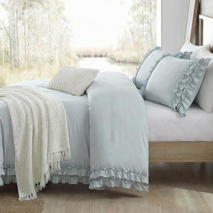 Bedrom Ruffled Queen Duvet Cover Set Blue Grey Bedding Set Shabby Chic Light Gray Boho Bedding Super Soft Lightweight Farmhouse Ruffle Duvet Cover Set for All Season