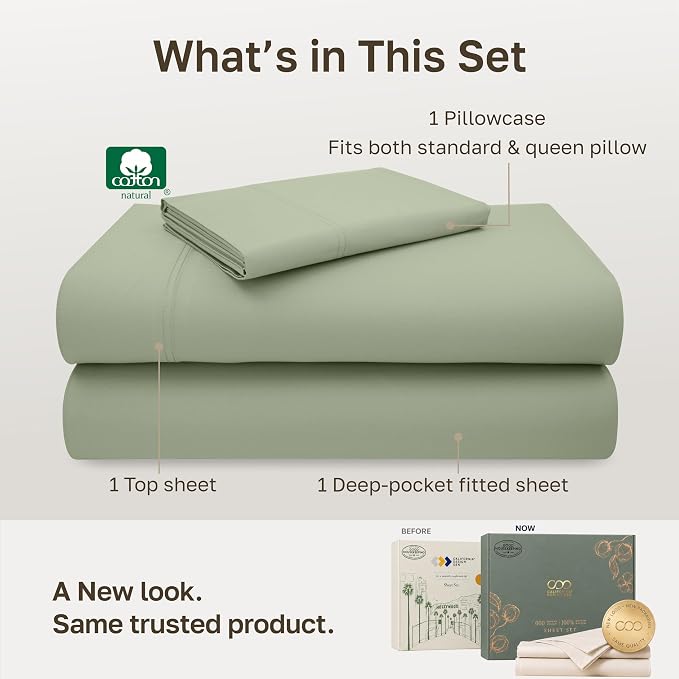 California Design Den 600 Thread Count Cotton Twin Sheets, 3 Pcs Set | 100% Cotton Sateen Backed by Good Housekeeping Seal, Soft & Smooth, All-Around Elastic, Durable, Easy Care - Laurel Green