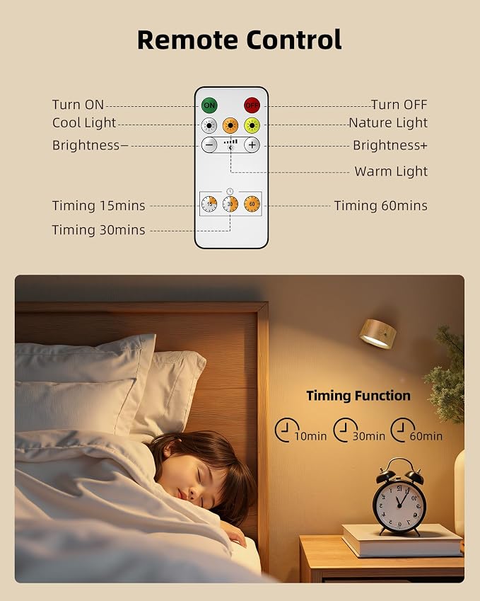Rechargeable Wall Sconces with Remote, Magnetic Wall Lights, Wood 2 Pack | 3 Color Temperatures, Remote and Touch Control, 360° Rotating and Dimmable for Living Room & Bedroom