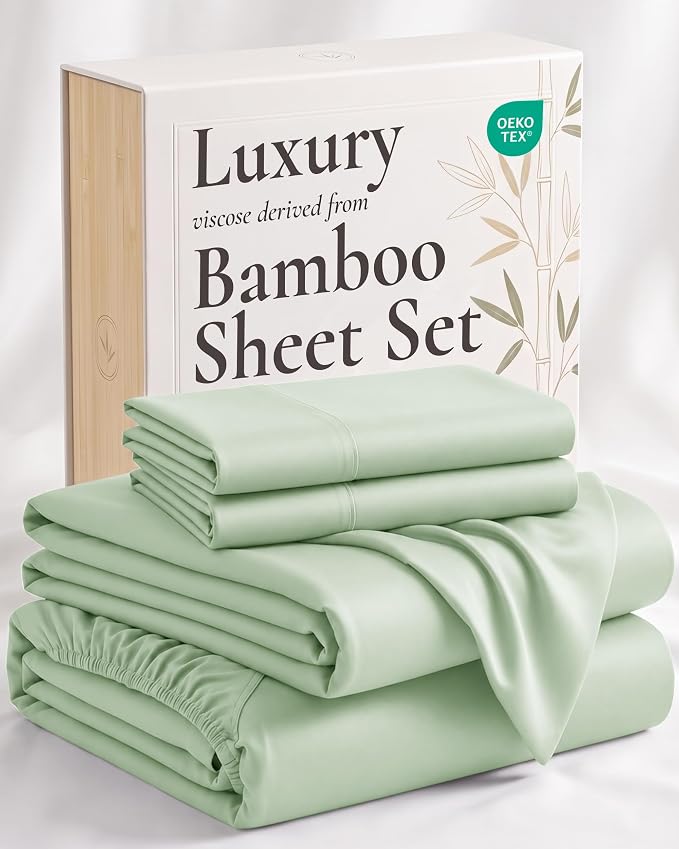 Hotel Sheets Direct 4 Piece Bed Sheet Set Queen Size, 100% Viscose Derived from Bamboo Sheets Set with 2 Pillowcases, Cooling & Breathable Luxury Bedding, Moisture-Wicking & Silky Soft, Light Green