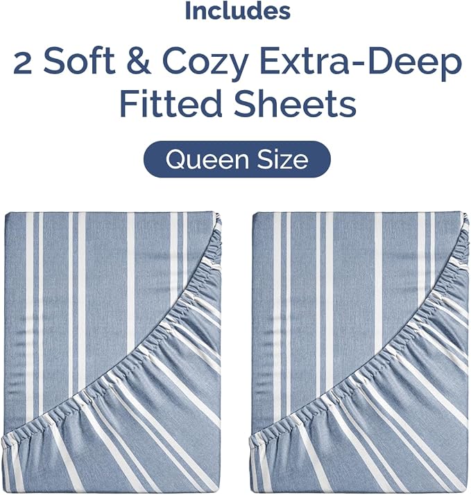 2 Pack Extra Deep Queen Fitted Sheets with Deep Pockets - Blue Stripes | Hotel Luxury Bottom Fitted Sheets Only, Soft, Fade & Wrinkle Free, Breathable & Comfy, All Around Elastic Fitted Sheets