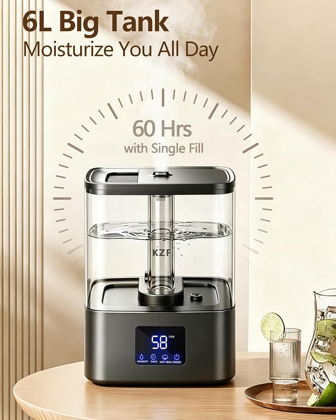 KZF 6L Top Fill Humidifiers for Bedroom & 60H Runtime - Cool Mist Humidifier, 3 Mist Levels, 8H Timer, Essential Oil Tray, Humidity Display, Quiet for Bedroom, Baby, Plants, Large Room (Black, 6L)