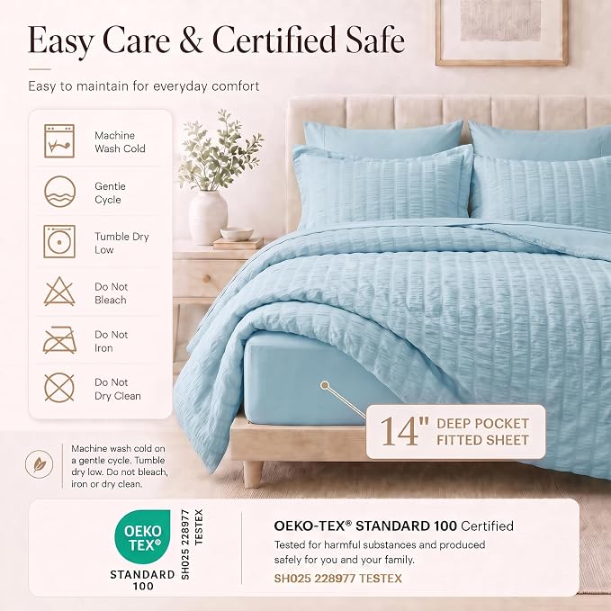 Oversized King Seersucker Comforter Set, Light Blue, 120 x 98 in | OEKO-TEX Certified, 7 Pieces Bed in a Bag with 240 GSM Down Alternative Comforter, Flat & Fitted Sheets, Pillowcases & Shams