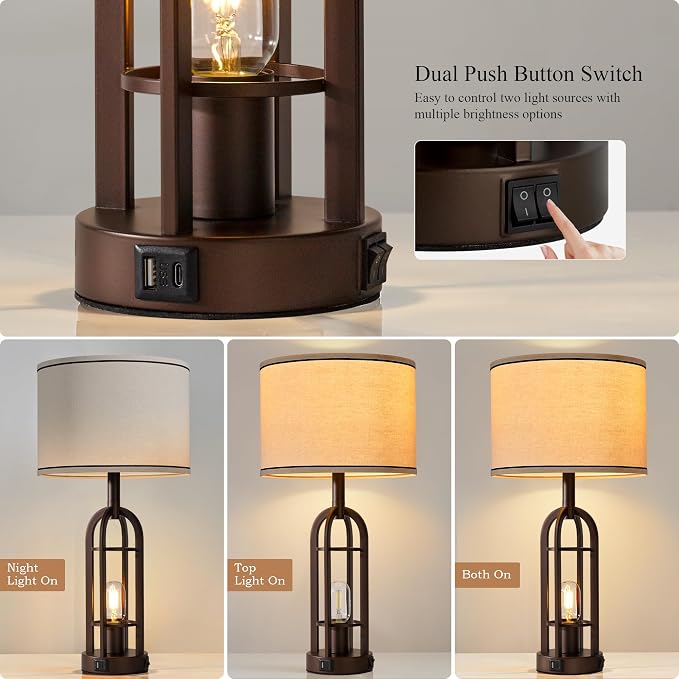SRJJA Farmhouse Table Lamps for Living Room Bedroom Set of 2 - Rustic Industrial Bedside Lamps for Night Stands with USB A+C, 24" Vintage Nightstand Lamp with Night Light, Bulbs Included