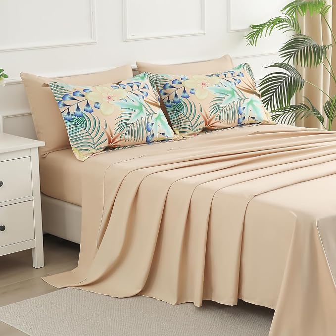 Yogeneg 7 Piece Bed in a Bag Queen Size Comforter Set Khaki Bedding Set,Yellow Floral Green Leaves Pattern Reversible Design,Soft Microfiber Comforter with Sheet Set,All Season(Khaki,Queen)