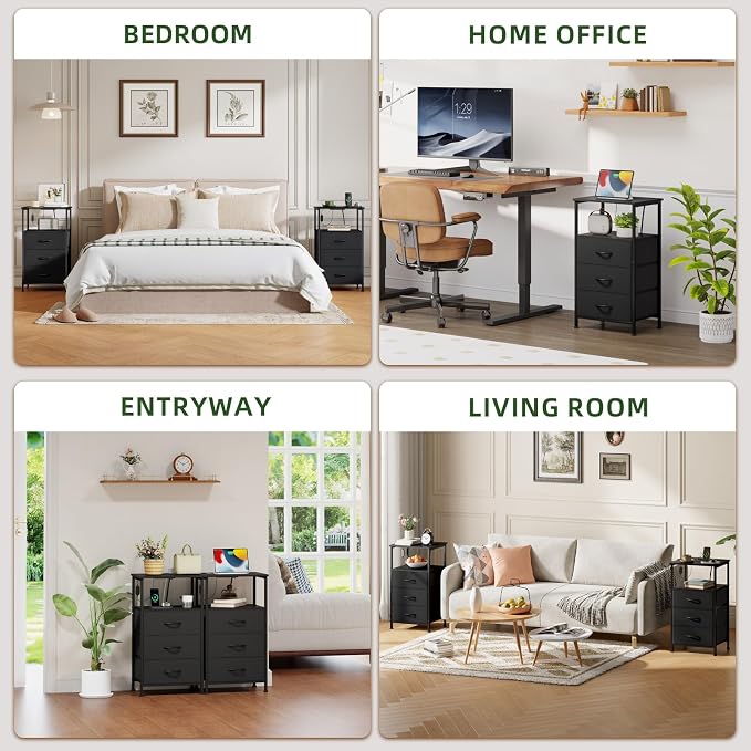 Somdot Nightstands Set of 2 with 3 Drawers, Charging Station & LED Light | Open-Shelf End Tables for Bedside, Small Spaces, Bedroom, Entryway and Hallway, Black