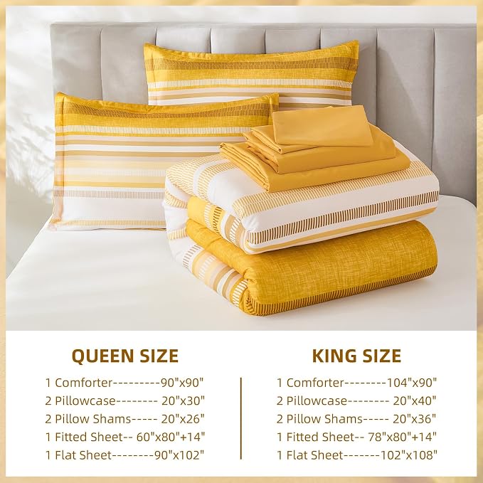 Dobuyly Yellow Comforter Set Queen Size 7 Piece, Boho Striped Bed in a Bag Queen Soft Microfiber Bedding Sets with Comforter, Sheets, Pillowcases & Shams All Season