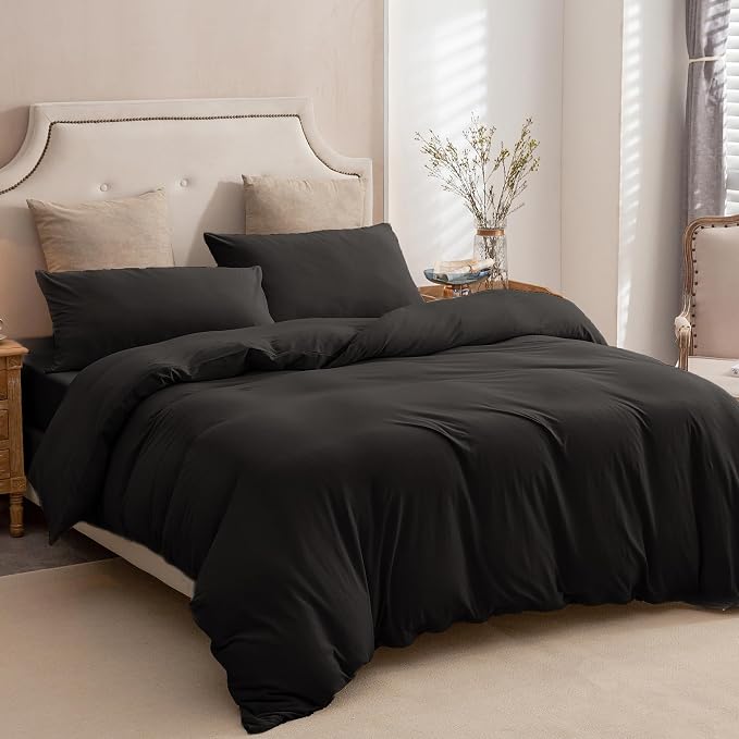 PURE ERA Jersey Knit Sheet Set Solid Black Full | 100% Cotton, 3 Piece Set, T Shirt Soft, Breathable, Envelope Closure Pillowcases, Hidden Zipper, 8 Ties, No Insert, Modern