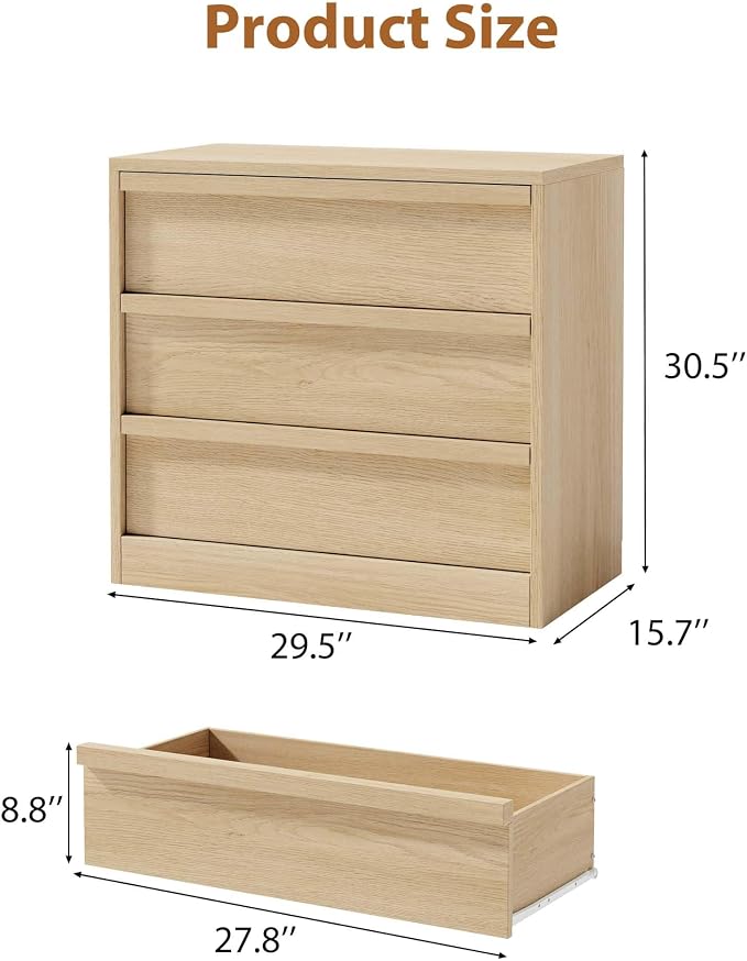 Garvee 3 Dresser for Bedroom, 30.5" Tall Dresser, Freestanding Vertical Drawer with Storage, Wooden Closet Chest Storage for Living Room, Hallway, Entryway, Natural Oak