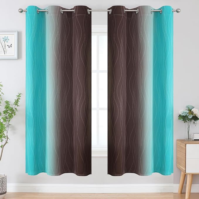 Brown and Teal Ombre Blackout Curtains for Bedroom 72 Inch | Light Blocking Gradient Curtains for Living Room,Thermal Insulated,Room Darkening Grommet Window Drapes,42Wx72L,2 Panels Set