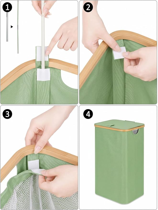 IEGrow Laundry Hamper with Lid,110L Laundry Basket with Mesh Bags,Green | Dirty Clothes Hamper Basket with Bamboo Handle for Clothes Towels