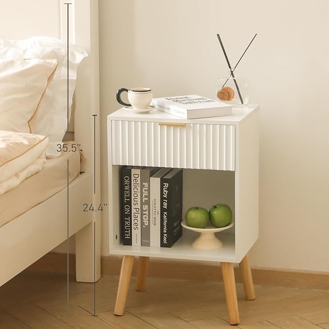 Fultyle White Nightstand, Modern Bedside Table with Drawer and Open Storage, Fluted End Side Table Living Room with Solid Wood Legs for Bedroom (White)