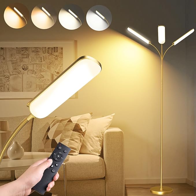 marctronic Gold Floor Lamp, 18W 1800LM Bright LED Floor Lamps for Living Room Bedroom, Dimmable Timing Eye Caring Reading Standing Lamp with Remote & Works with Smart Plug