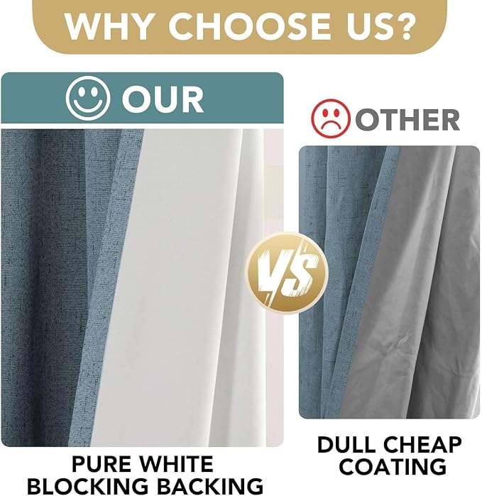 H.VERSAILTEX Linen Curtains 100% Blackout Curtains for Bedroom 90 inch Long Full Light Blocking Nature Linen Blended Window Curtains for Living Room Nickel Grommet (2 Panels, Stone Blue)