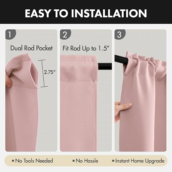 MIULEE 4-Panel 36 Inch Blackout Kitchen Tier Curtains Over Sink Light Pink | Privacy Protection, Heat/Light Blocking, Cafe Curtains, Top&Bottom Rod Pocket, Suitable for Small Windows, Soft&Durable
