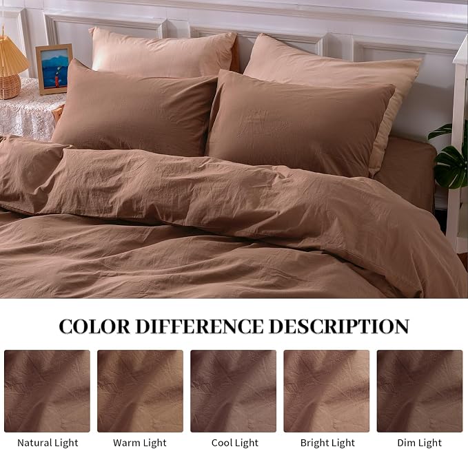 NEXHOME PRO Duvet Cover Set 100% Washed Cotton Oversized Queen 98"x98", Organic Natural Linen Look Textured 3 Pieces Bedding Set Mocha with Zipper Closure, Soft (No Comforter)