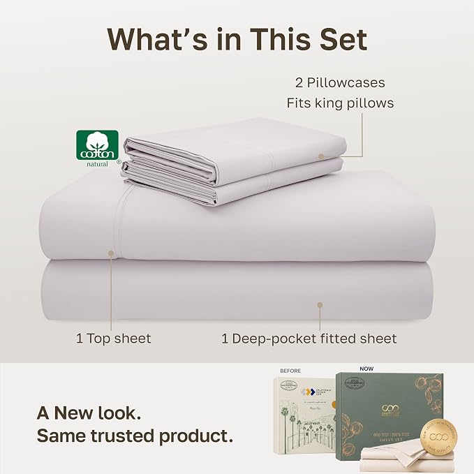 California Design Den 600 Thread Count Deep Pocket King Sheet Set | 100% Cotton Sateen Backed by Good Housekeeping Seal, Soft & Smooth, 16" Deep Pocket, Durable, Easy Care - Pale Lavender