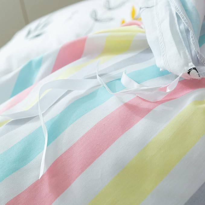 mixinni Flowers Duvet Cover for Teenage Girls Queen Size Floral Leaf Printed Soft Cotton Full Bedding Set Reversible Colorful Striped Pattern Girls Zipper Closure 4 Corner Ties for Women-Queen Size