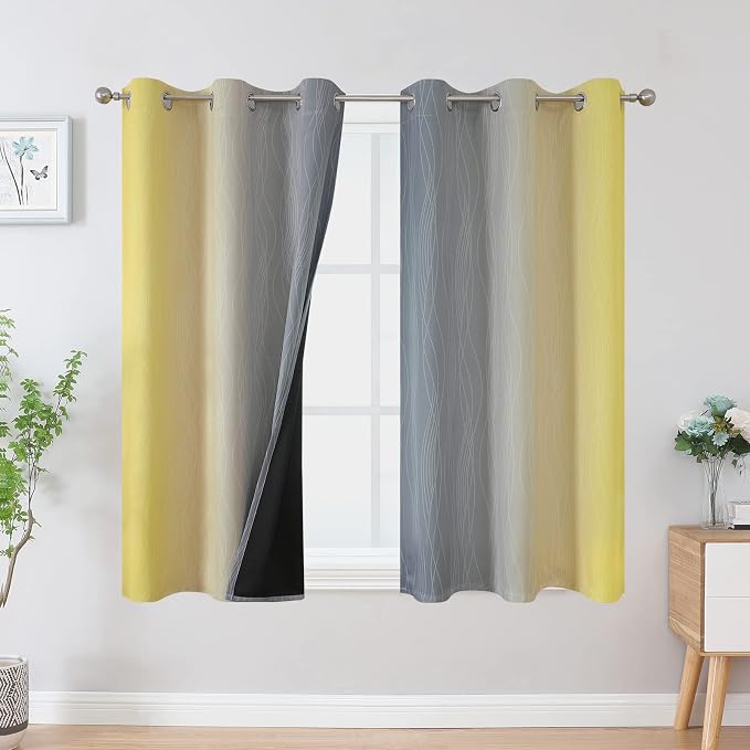 Yellow and Grey Ombre Blackout Curtains for Living Room 42Wx45L Inch Length | Estelar Textiler Room Darkening Gradient Curtains for Boys Bedroom,Thermal Insulated,Light Blocking Grommet Drapes,2 Panels