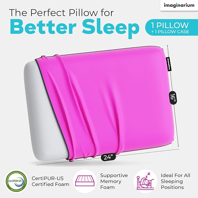 Imaginarium Memory Foam Pillow for Bed - 16" x 24" Standard – Fun Decorative Colorful Pillow for Sleeping - Back, Stomach & Side Sleepers – Includes Cooling Cover (Party Pink)