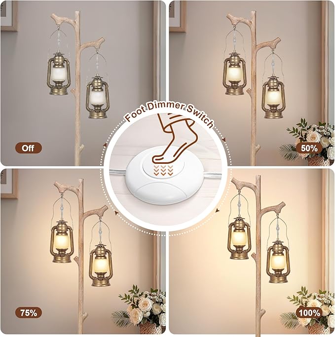 Scenekoy Vintage 68” Tall Resin Floor Lamp with Lanterns, Dimmable | Antiques Tree Trunk Finish Retro Standing Lamp, Stand Up Corner Lamp with Bulb Prefer for Living Room Bedroom Home Decor