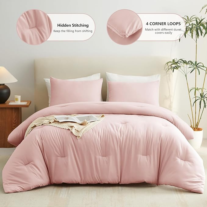 Queen Comforter Set, 3 Pieces Down Alternative Bedding, Blush Pink | 270 GSM All Season Comforter with 4 Corner Ties for Use as a Duvet Insert, OEKO-TEX Certified, 2 Pillowcases, 88 x 88 in