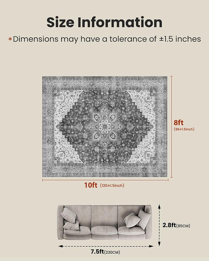 AMADA HOMEFURNISHING 8x10 Area Rugs, Low-Profile Large Washable Area Rug with Non-Slip Backing & Durable Edge Binding, Vintage Rugs for Living Room, Bedroom, Dinning Room