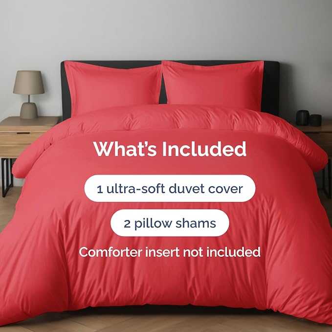 Duvet Cover Cal King Size - Soft 3 Piece with Zipper Closure - Red | Extra Soft, Breathable, Cal King Duvet Cover 104" x 98" with 2 Pillow Shams, Zipper Closures & Ties, Women, Men, Kids & Teens