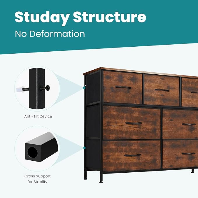 OLIXIS 7 Drawer Fabric Dresser, Storage Tower for Bedroom and Closet | Easy-Pull Bins for Closet Organizers, Chest of Drawers with Sturdy Steel Frame & Wooden Top for Living Room, Entryway, Brown