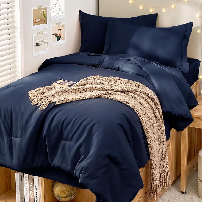 5 Pieces Twin XL Comforter Set, Soft Bed in a Bag Twin XL Size, All Season Bedding Set with Comforter, Flat Sheet, Fitted Sheet, Pillowcases & Shams, Navy Blue