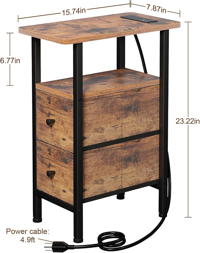 LOAKEKEL Narrow End Table with Charging Station, Small Nightstand | Skinny Side Tables Living Room with 2 Fabric Drawers, Slim Bedside Table for Bedroom, Small Spaces, Couch, Rustic Brown
