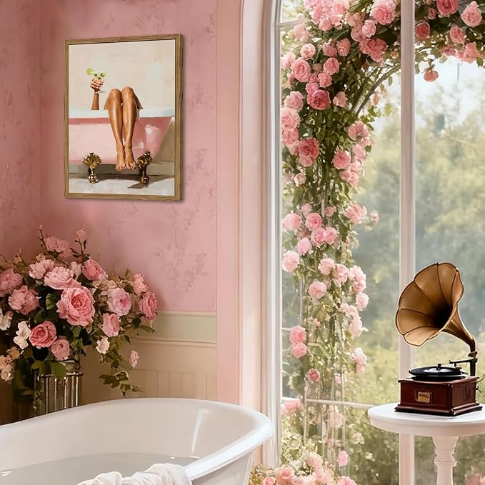 Funny Girl Bathroom Wall Art Pink Cute Girly Bathtub Wall Decor Picture, Trendy Girl Bathroom Martini Cocktail Poster Canvas Print Painting Minimalist Cute Woman Artwork 16x24 inch Wood Framed