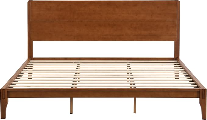 Merax King Size Bamboo Platform Bed Frame with Tall Headboard, Brown | Mid-Century Modern Solid Bedframe King-Size, Wood Slat Support, No Box Spring Needed, Easy Assembly, Noise Free