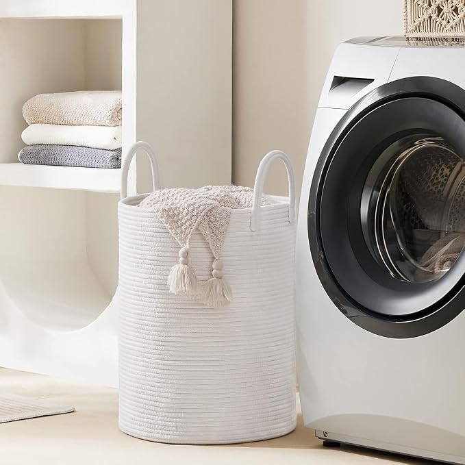 Woven Rope Laundry Hamper Basket by YOUDENOVA, 72L Tall Luandry Basket, Baby Nursery Hamper for Blanket Storage in Bedroom-Large-Pure White | Large Woven Laundry Hamper with Sturdy Handles, Collapsible Home Decor Laundry Basket for Laundry, Clothes, To...