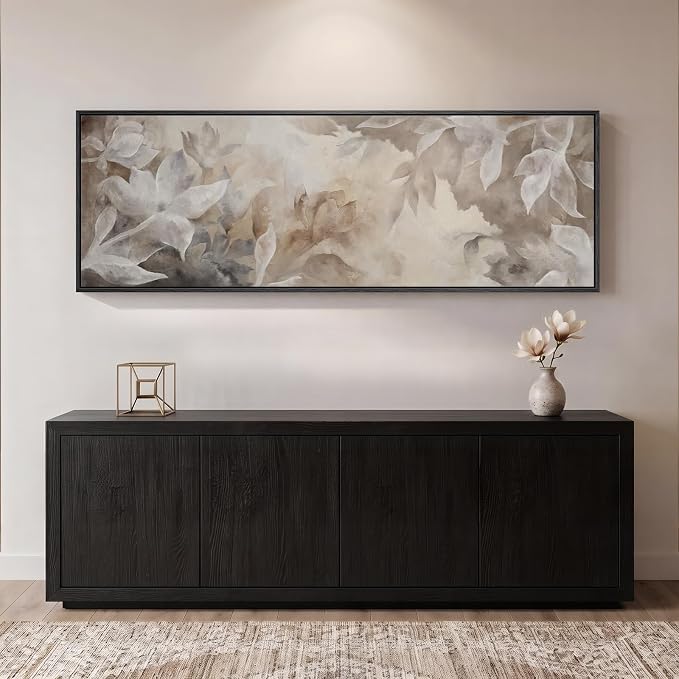 Large Framed Brown Beige Floral Abstract Wall Art for Living Room, 60x20 In | Magnolia pictures, Long horizontal artwork, Canvas print, Wood frame, Watercolor painting, Wall decor for bedroom dining room