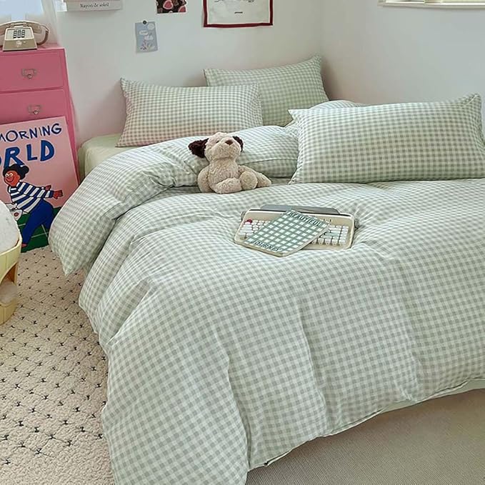 Nayoroom Green Gingham Duvet Cover Set Full Plaid Checkered Bedding | Modern Farmhouse Cottage, Dorm Bedding, Soft Breathable Washed Microfiber, All-Season Comfort, Hidden Zipper, 4 Corner Ties