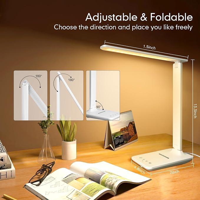 White crown LED Desk Lamp with 15W Wireless Charger & USB Port, Dimmable Table Lamp with 5 Lighting Modes, Sensitive Touch Control, Foldable & Portable Desk Light for Home, Office, Bedroom, Reading