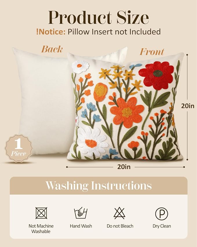 Embroidered Throw Pillow Cover 20x20 Inch, Flower Cluster | Decorative Pillow Cover, Floral Farmhouse Cushion Case with Hidden Zipper, Home Decor for Couch, Sofa, Living Room, Bedroom