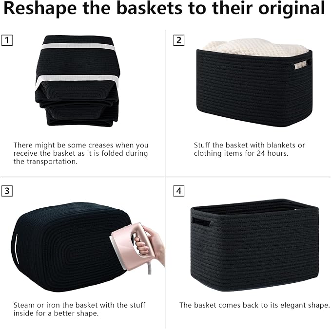 OIAHOMY 4 Pack Storage Baskets for Organizing 15L Cube Storage Bins Black | Woven Baskets for Storage Rectangle Small Baskets With Handles Baskets for Shelves Wicker Baskets for Shelves 12.7x9x7.8inch