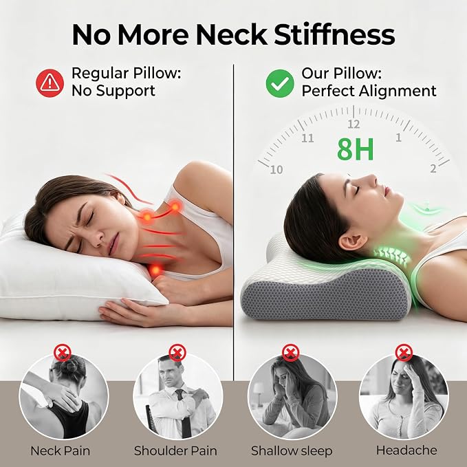 Cervical Neck Pillow for Pain Relief, Contour Memory Foam Pillows for Sleeping, Ergonomic Pillow Orthopedic Cooling Pillow Bed Pillow Neck Support for Side Back Stomach Sleepers (Off White&Gray)