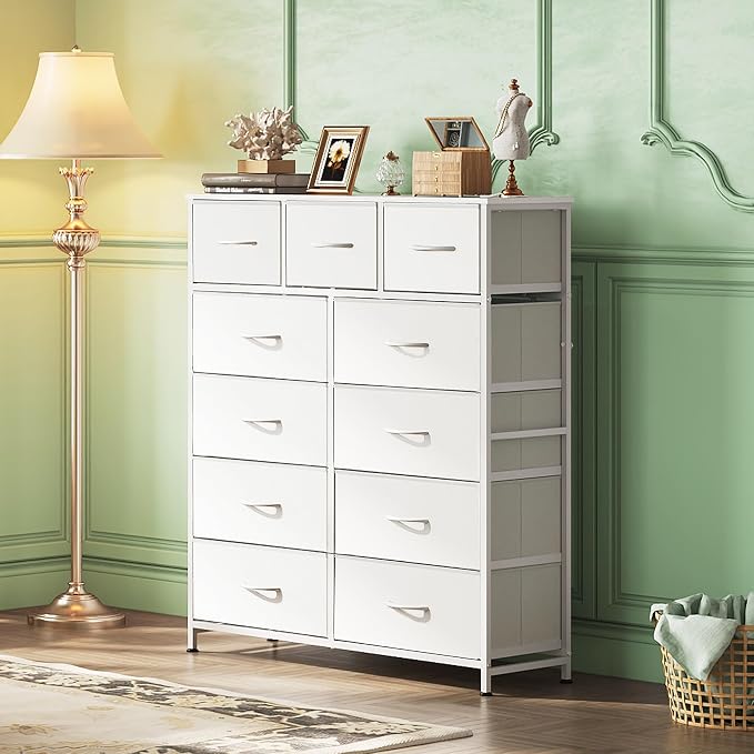 WLIVE Tall Dresser for Bedroom, 11 Drawer Chest of Drawers, White | 11 fabric storage drawers, Tall high-capacity design, Bedroom or dorm use, Sturdy steel frame, Smooth wood tabletop