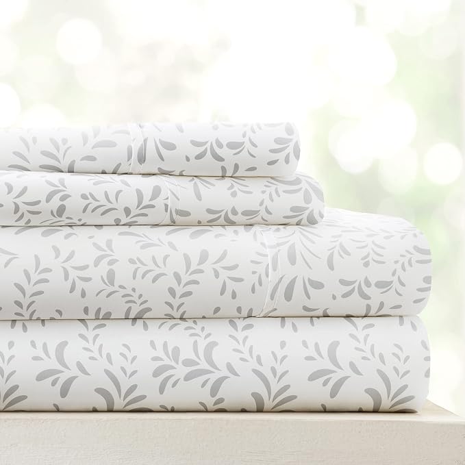 Linen Market Double-Brushed Patterned Microfiber Full Sheet Set 4 Piece – Oeko-TEX Certified Ultra Soft & Wrinkle-Free - 16" Deep Pocket Sheets - Easy Care Full Size - Burst of Vines Light Gray
