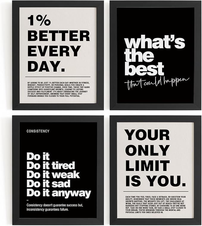 DSHFG Motivational Inspirational Office Wall Art Decor Prints Set of 4 | Black Office Motivational Wall Decor Trendy Retro Positive Affirmations Quotes Wall Decor Gym Posters, 8x10 Unframed