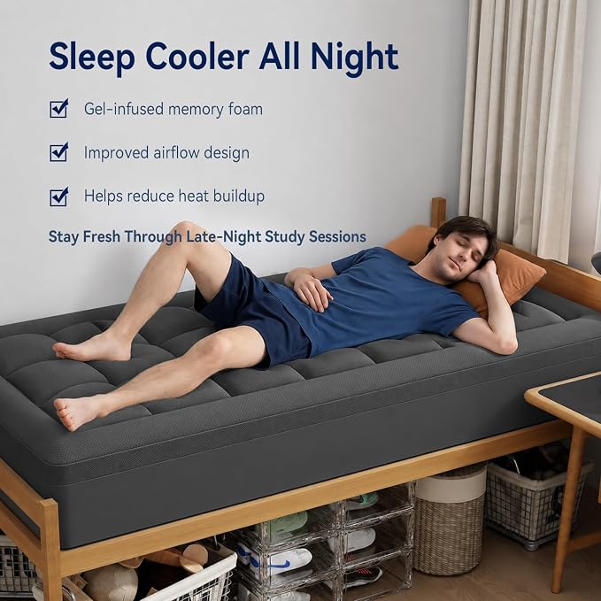 ELEMUSE Twin XL College Dorm Essentials 3 Inch Memory Foam Mattress Topper | Dual Layer Design, 2 Inch Cooling Gel Foam and 1 Inch Soft Pillow Top Bed Pad, Back to School, Comfortable Support