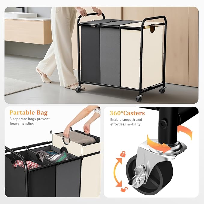 180L Laundry Sorter 3 Section, Rolling Laundry Basket with Wheels and Lid | 47.55 Gal Laundry Hamper, 3 Separated Removable Bags, Lockable Wheels, Dirty Clothes Hamper for Laundry Room, Multicolored