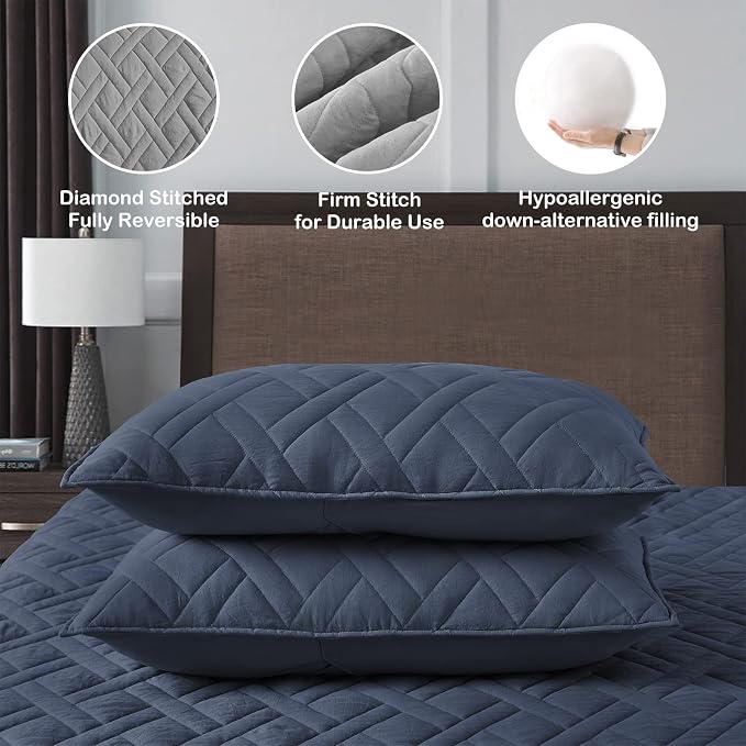 HORIMOTE HOME Quilt Set Twin Size Navy Blue, Classic Geometric Diamond Stitched Pattern, Ultra Soft Microfiber Lightweight Bedding Set Bedspread Coverlet for All Season with 1 Quilt 1 Pillow Sham