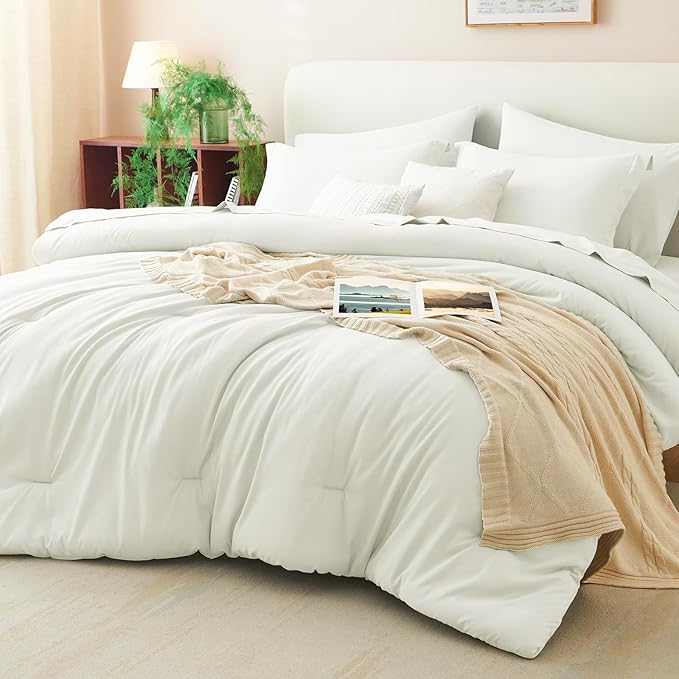 Queen Comforter Set Ivory, 7 Pieces Bed in a Bag | OEKO-TEX Certified, All-Season, Bedroom, 240GSM Down Alternative Comforter, Flat & Fitted Sheets, 2 Pillowcases & 2 Shams